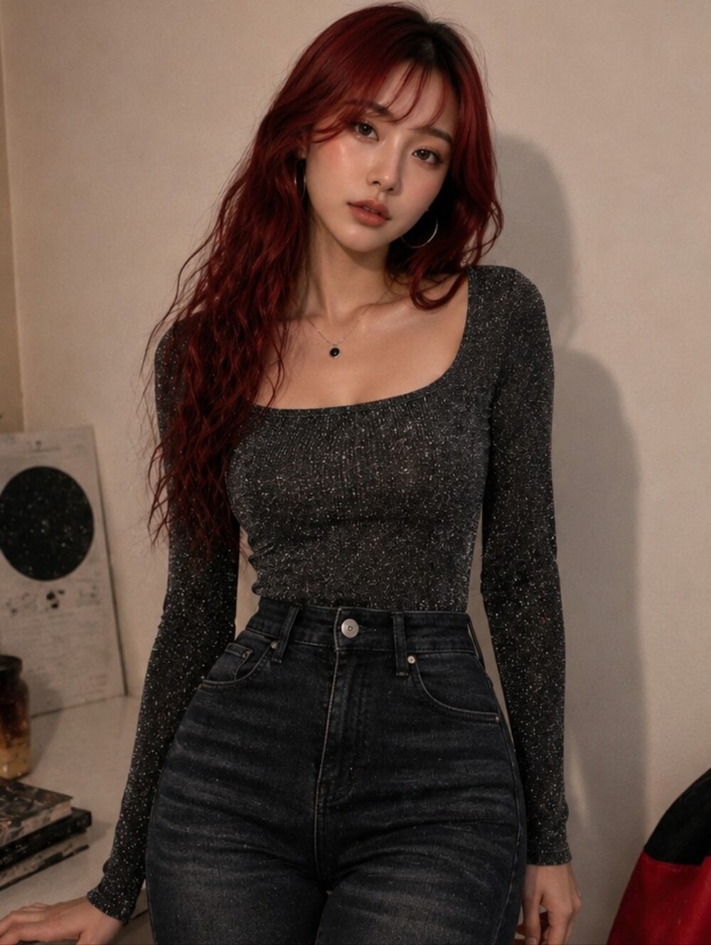 Black Sparkle Scoop Neck Long Sleeve Bodysuit XS